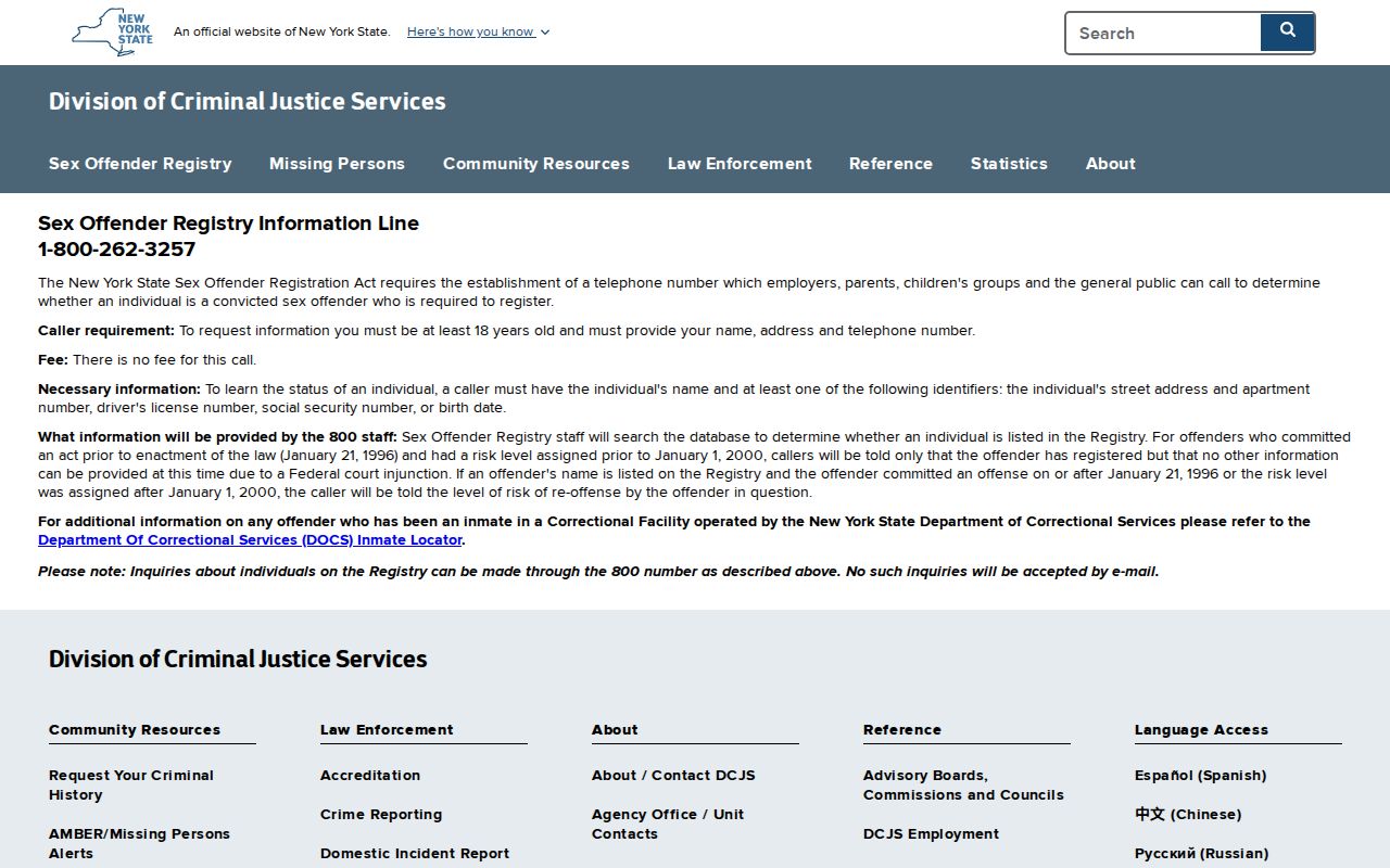 Washington County sex offender telephone search instructions from DCJS